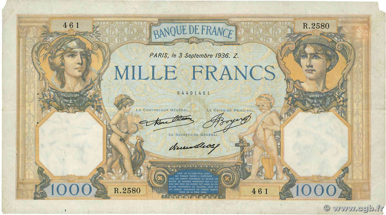 1000 Francs CÉRÈS ET MERCURE FRANCE  1936 F.37.09 TB