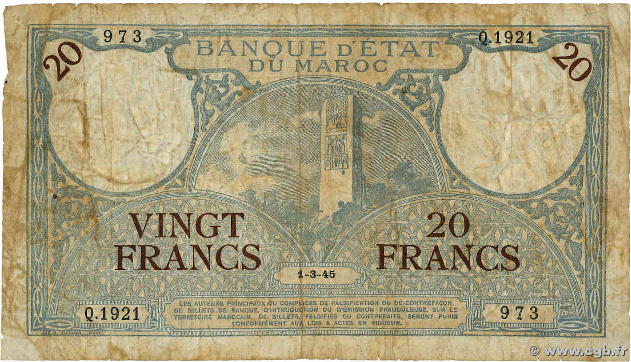 20 Francs MAROC  1945 P.18b B