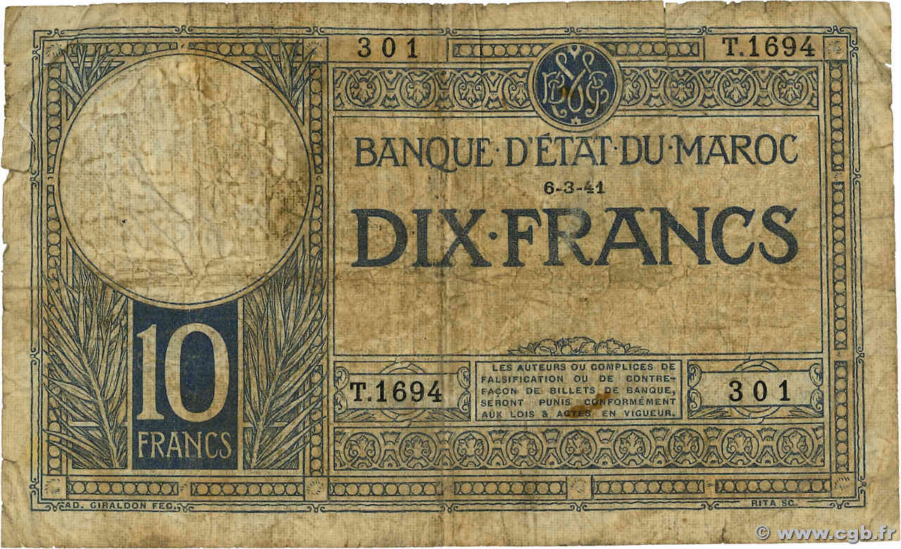 10 Francs MAROC  1941 P.17b AB