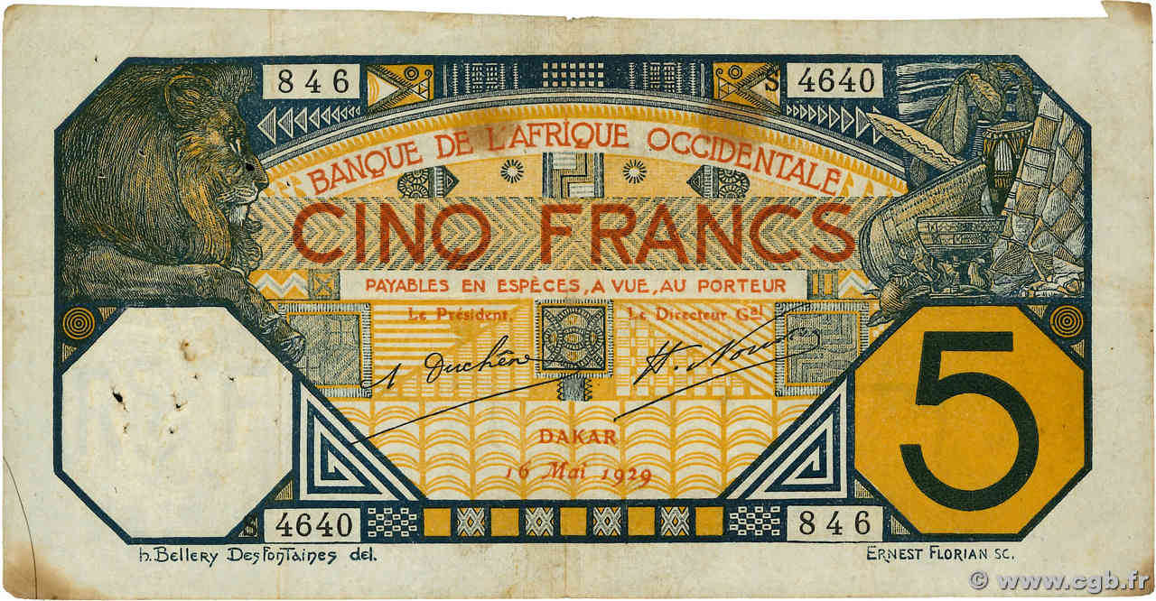5 Francs DAKAR AFRIQUE OCCIDENTALE FRANÇAISE (1895-1958) Dakar 1929 P.05Bf B+