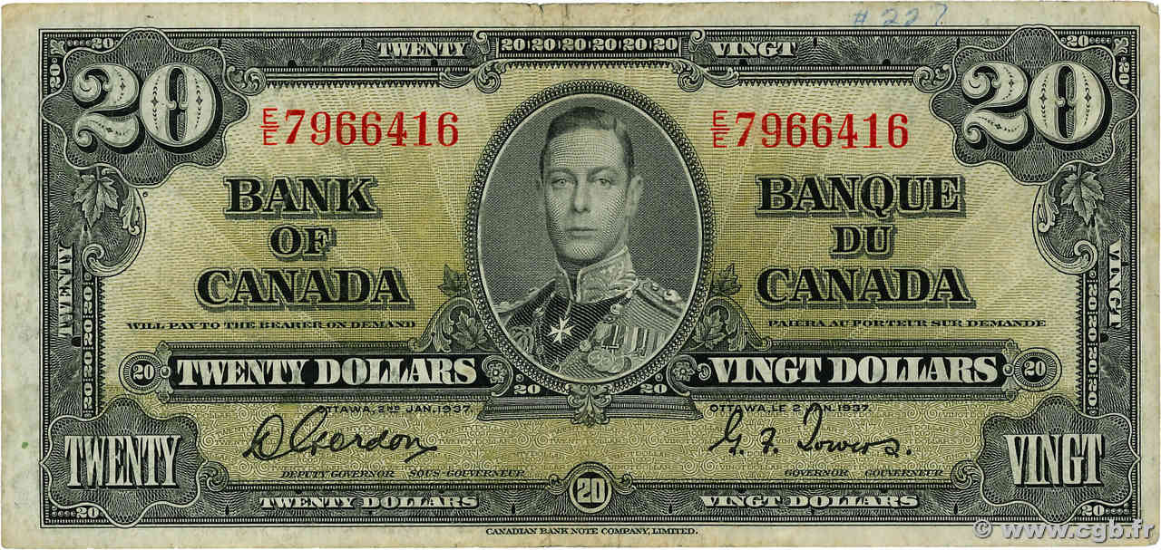 20 Dollars CANADá
  1937 P.062b BC