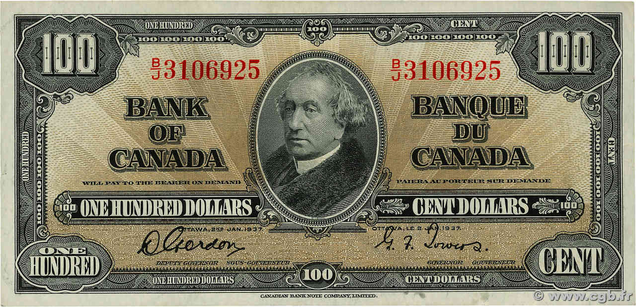 100 Dollars CANADA  1937 P.064b TTB+