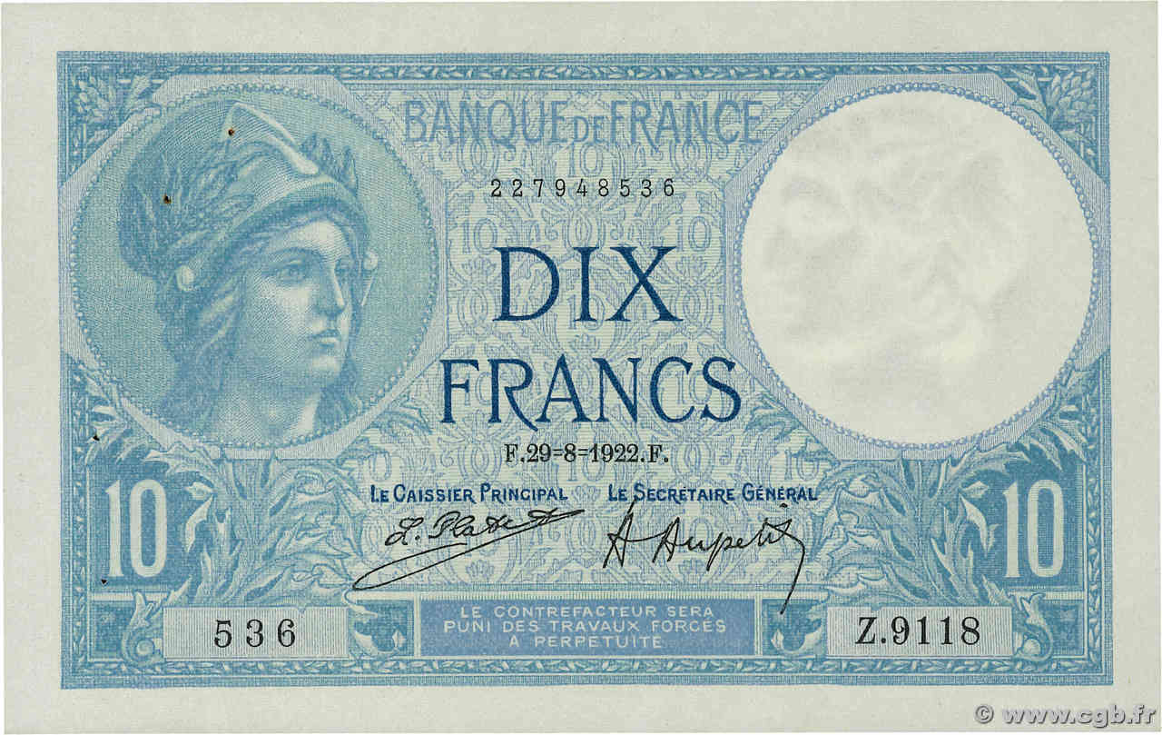 10 Francs MINERVE FRANKREICH  1922 F.06.06 VZ