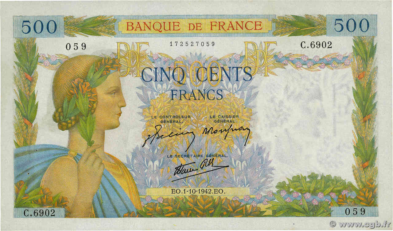 500 Francs LA PAIX FRANCIA  1942 F.32.41 EBC+