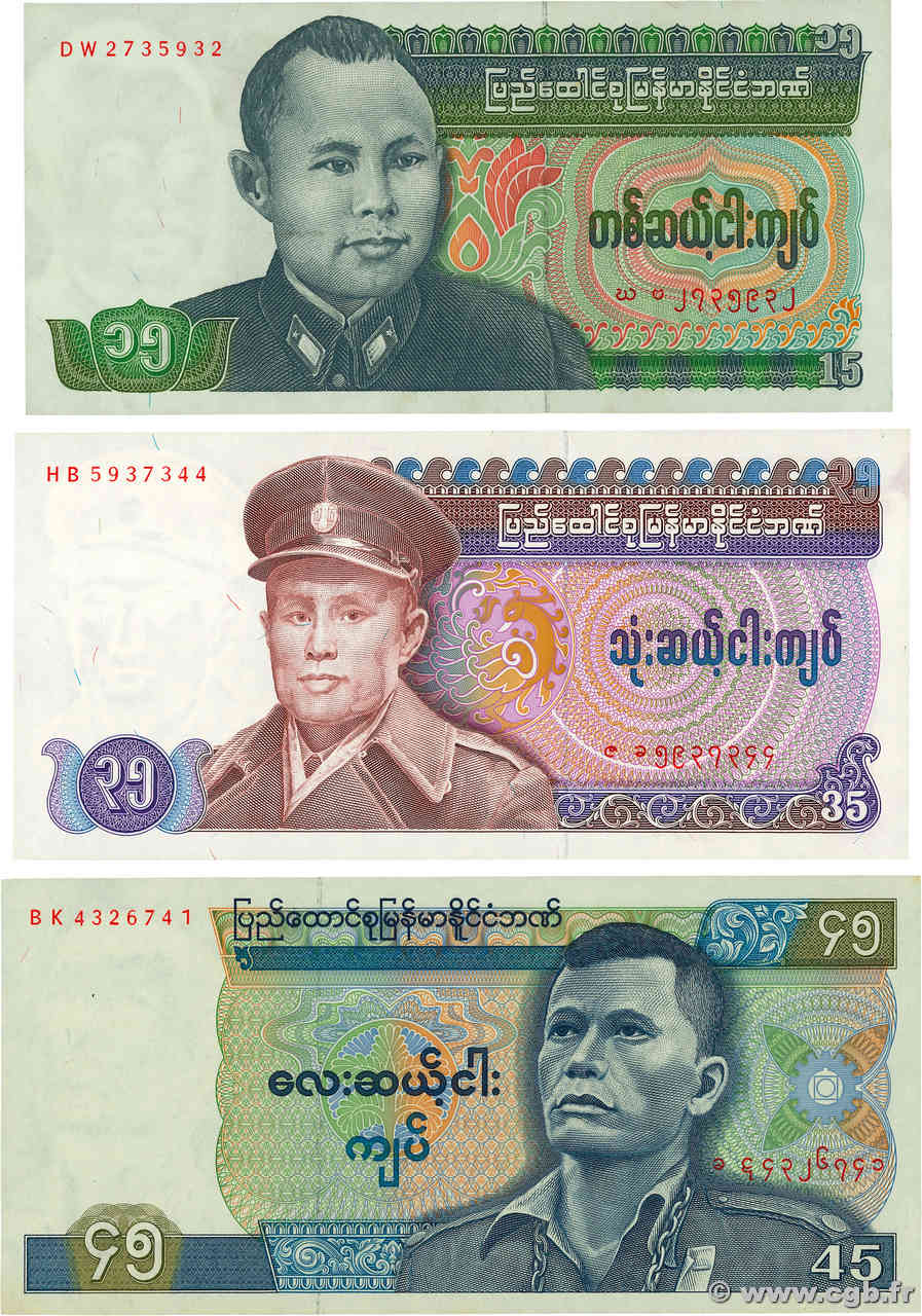 15, 35 et 45 Kyats Lot BURMA (VOIR MYANMAR)  1986 P.62, P.63 et P.64 fST+