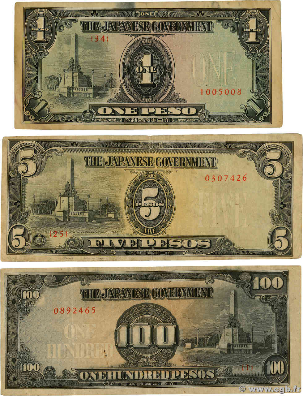 1, 5 et 100 Pesos Lot PHILIPPINES  1944 P.109a, P.110a et P.112a TB à TTB