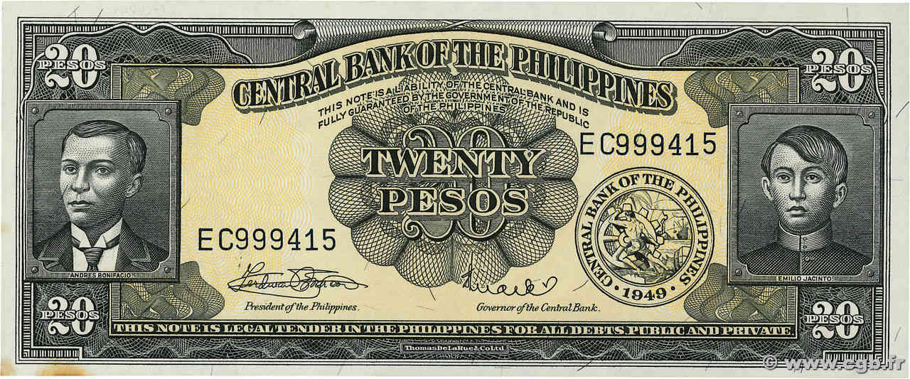 20 Pesos PHILIPPINES  1949 P.137d SPL+