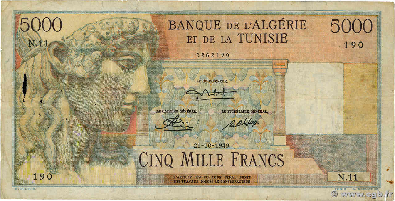 5000 Francs TUNISIE  1949 P.27 B+