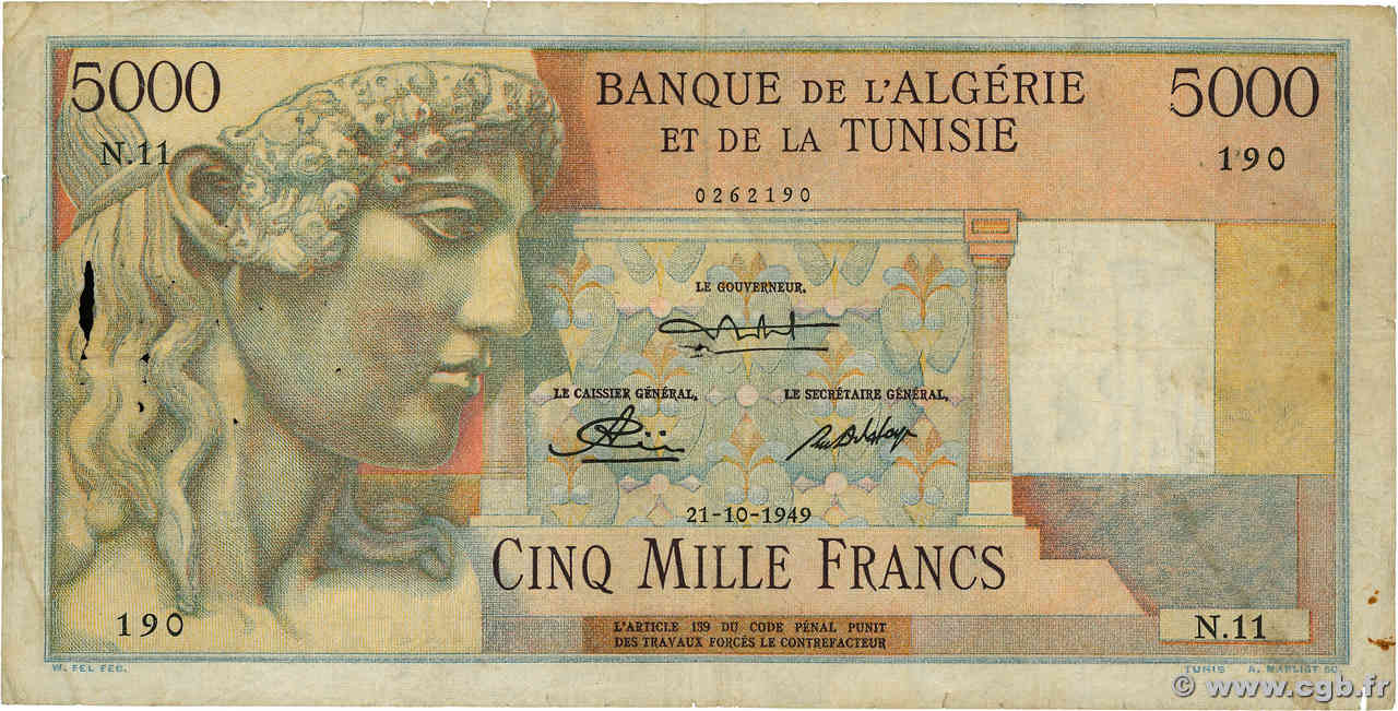 5000 Francs TUNESIEN  1949 P.27 fS