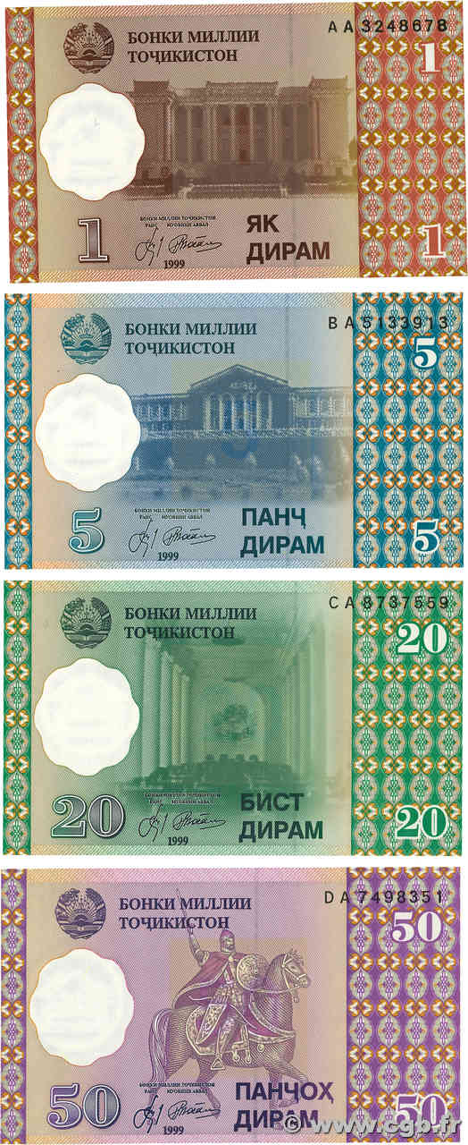 1  5  20  50   Diram Lot TAJIKISTAN  1999 P.10 à 13 FDC