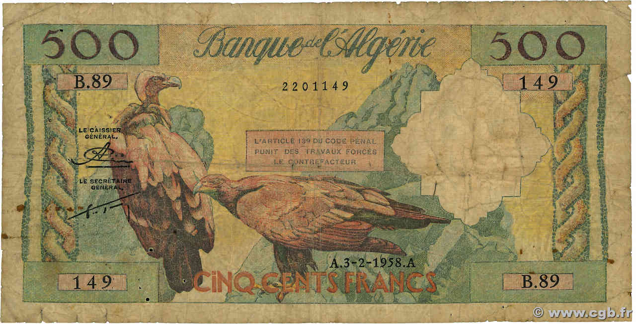 500 Francs ALGÉRIE  1958 P.117 pr.B