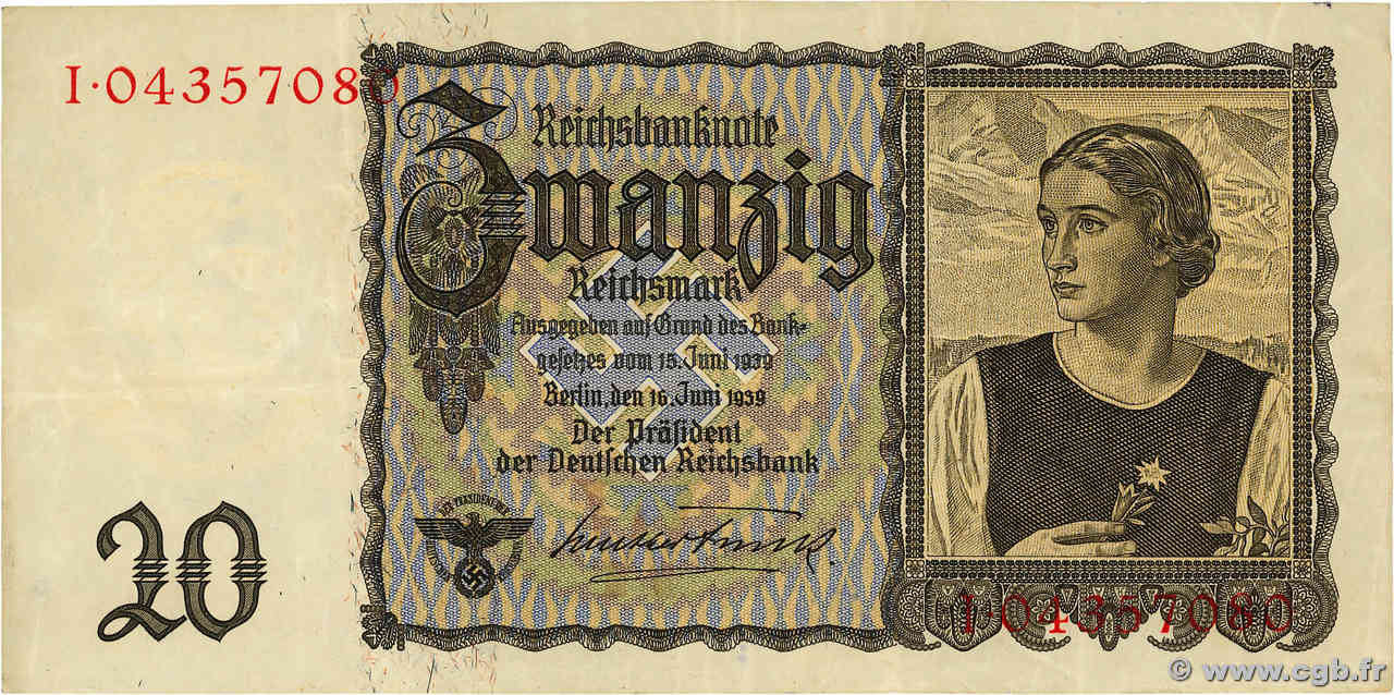20 Reichsmark GERMANY  1939 P.185 VF