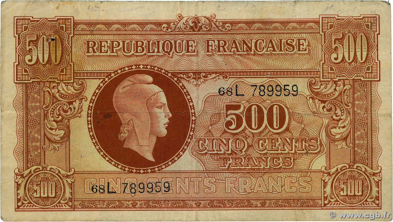 500 Francs MARIANNE fabrication anglaise FRANCE  1945 VF.11.01 TB