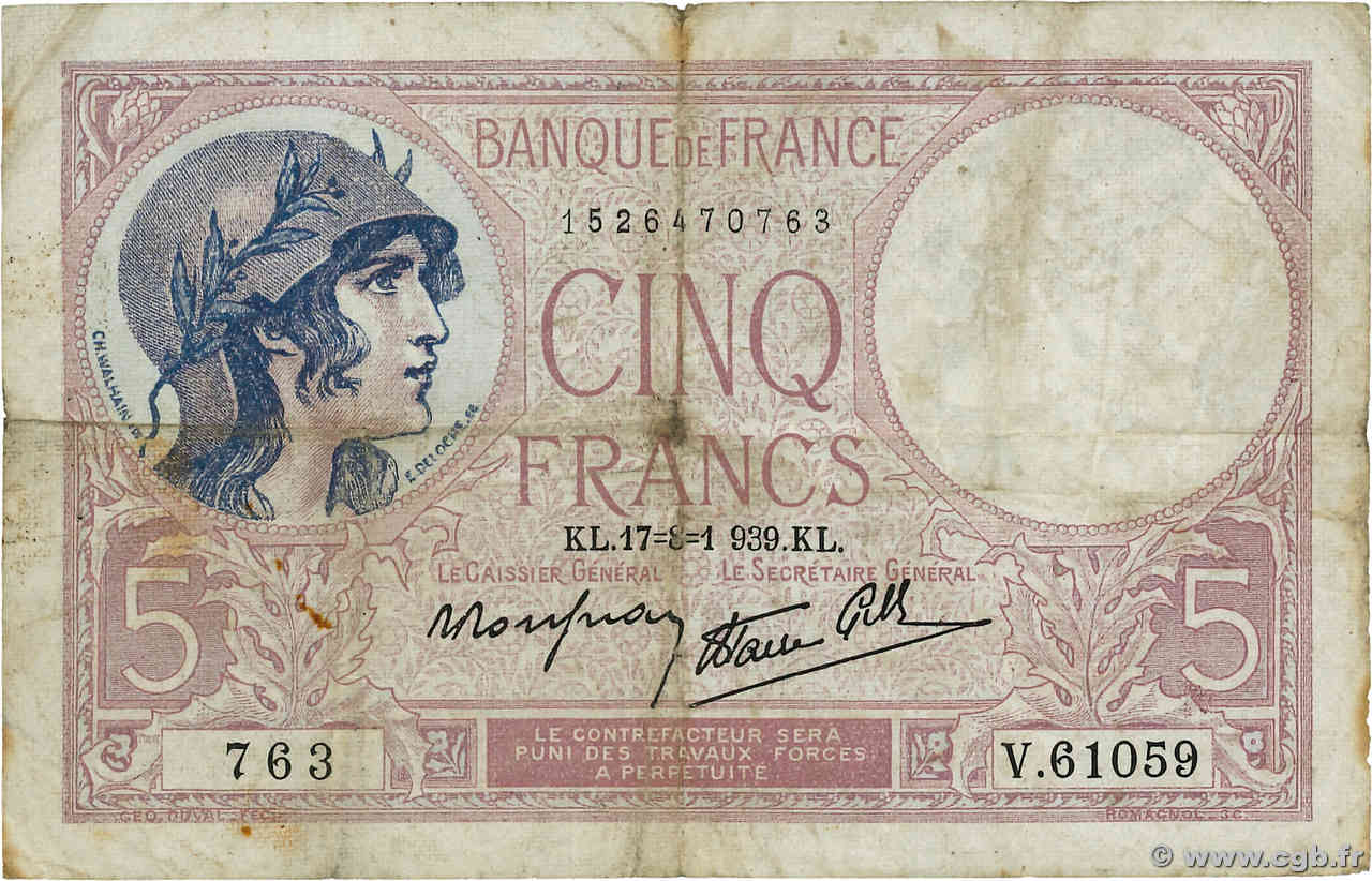 5 Francs FEMME CASQUÉE modifié Fauté FRANCE  1939 F.04.06 TB
