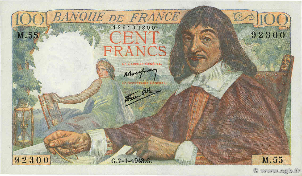 100 Francs DESCARTES FRANCE  1943 F.27.03 SPL