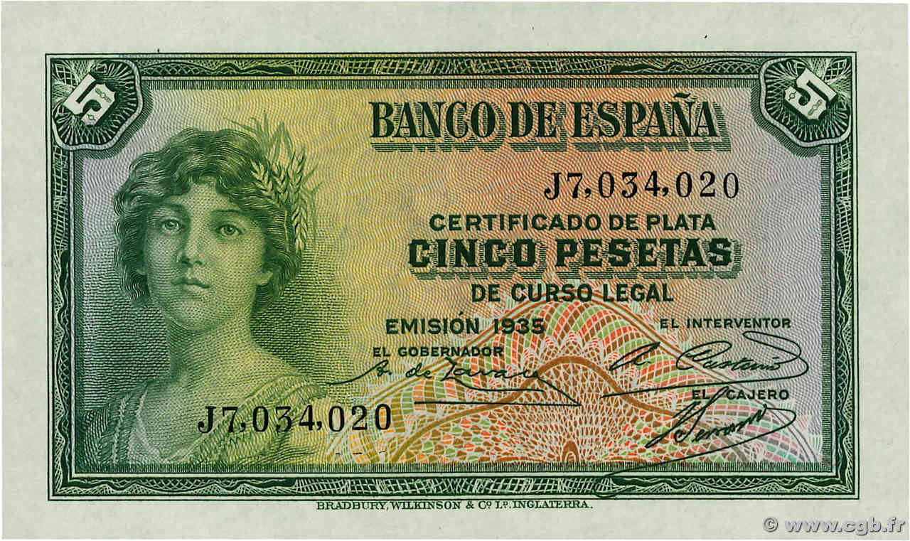 5 Pesetas SPAIN  1935 P.085a UNC