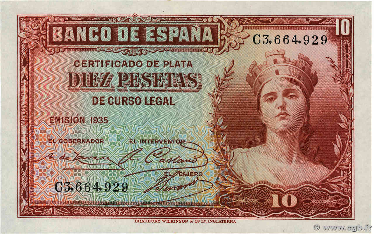 10 Pesetas SPAIN  1935 P.086a AU
