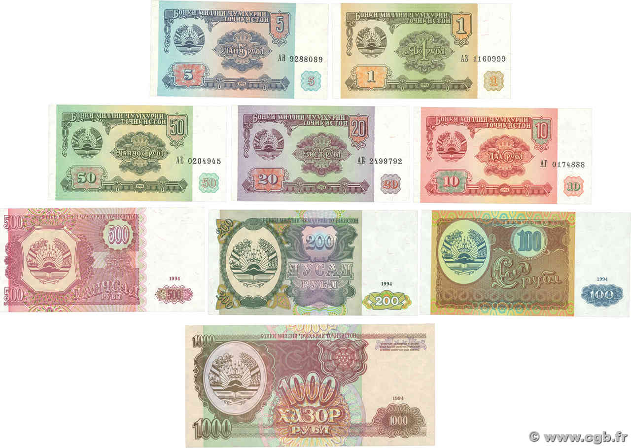 1 à 1000 Rubles Lot TADJIKISTAN  1994 P.01 à P.09a NEUF