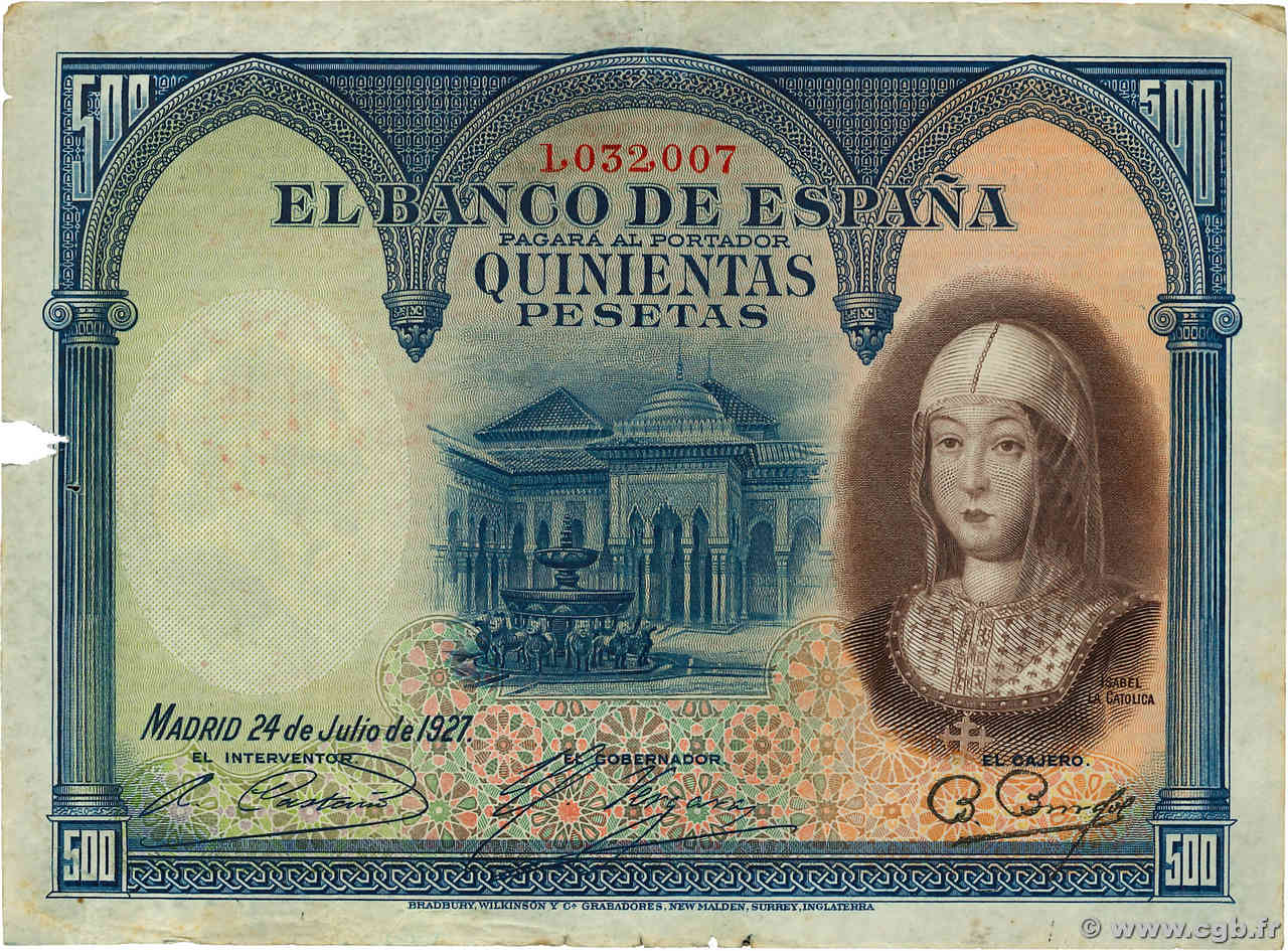 500 Pesetas SPAGNA  1927 P.073a q.BB