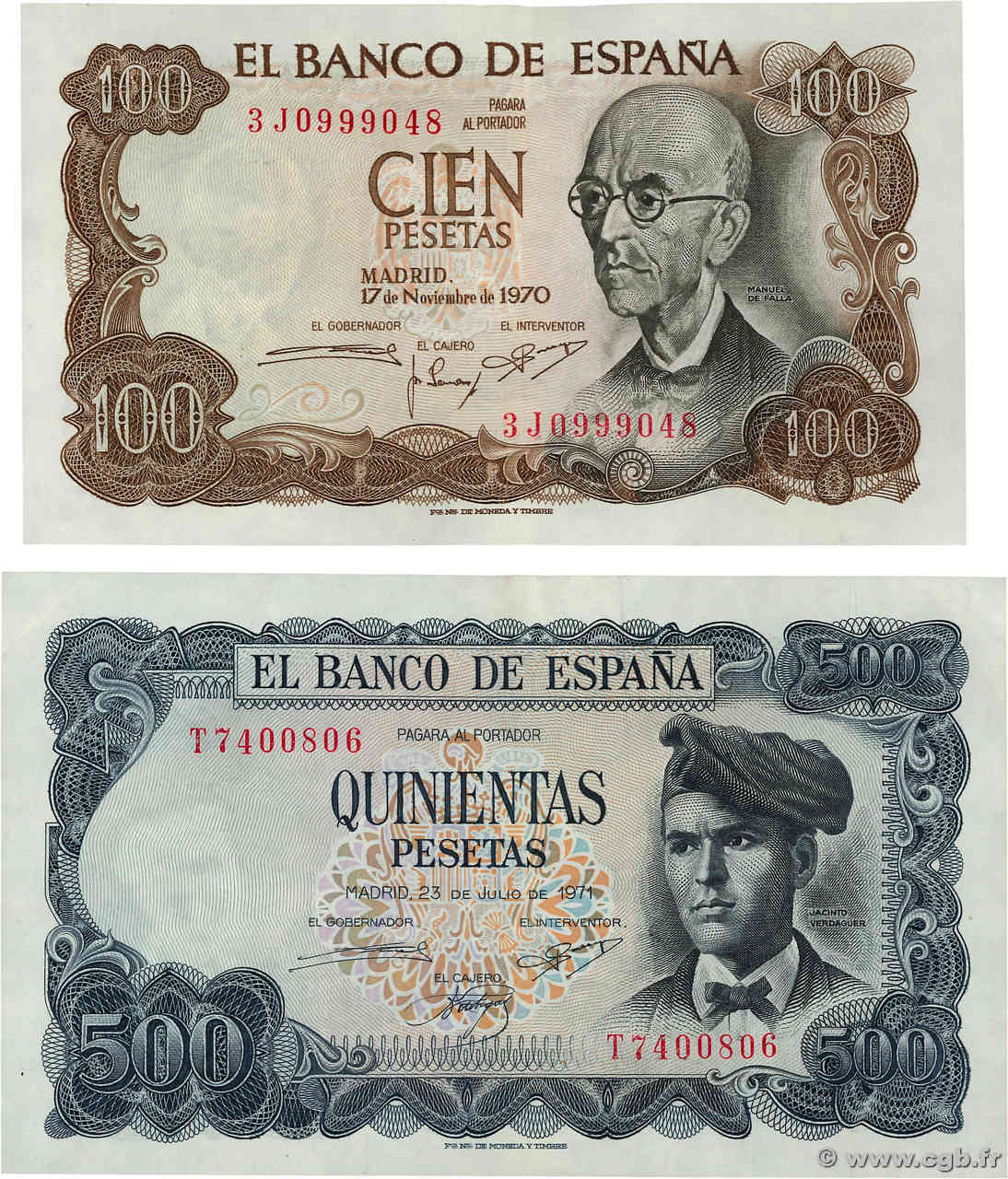 100 et 500 Pesetas Lot SPANIEN  1970 P.152a et P.153a fST