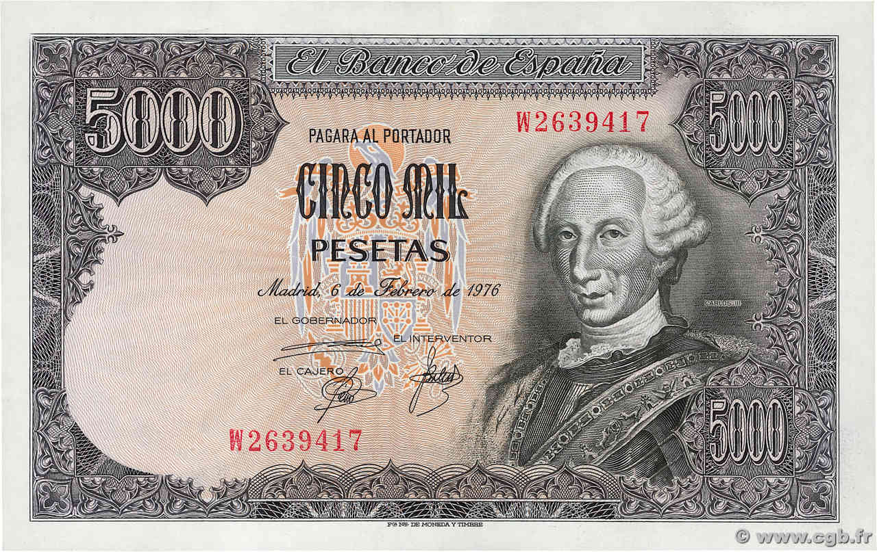 5000 Pesetas SPAIN  1976 P.155 AU+