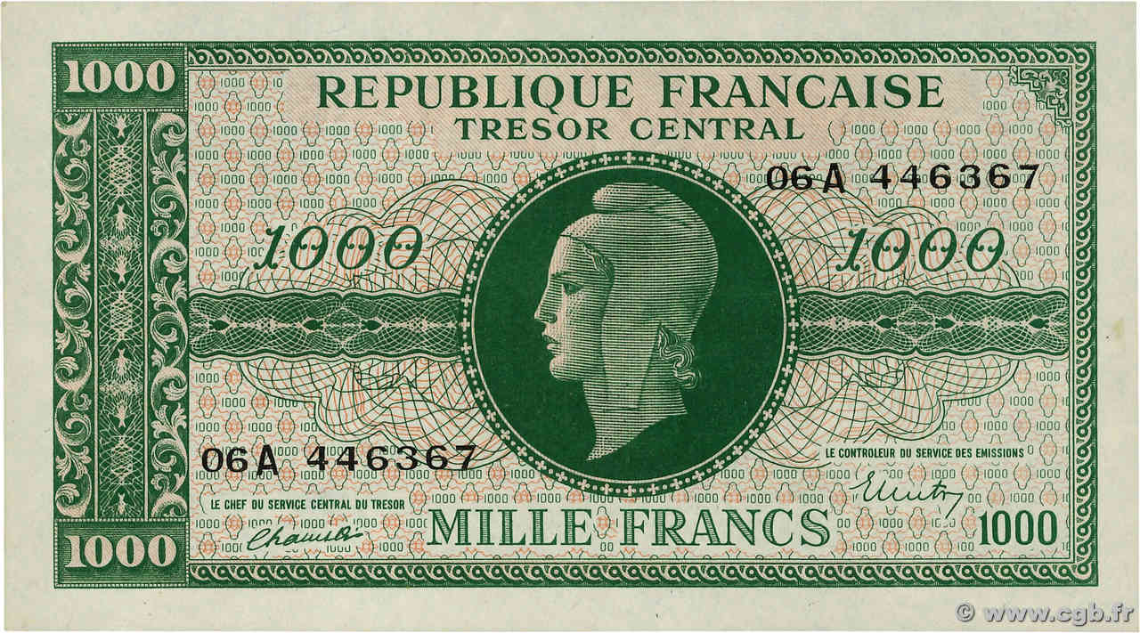 1000 Francs MARIANNE BANQUE D ANGLETERRE FRANCIA  1945 VF.12.01 SPL