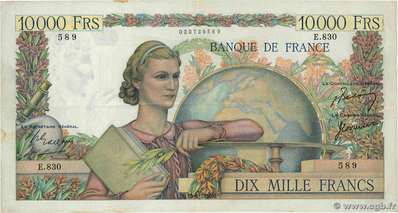 10000 Francs GÉNIE FRANÇAIS FRANCIA  1950 F.50.35 MBC