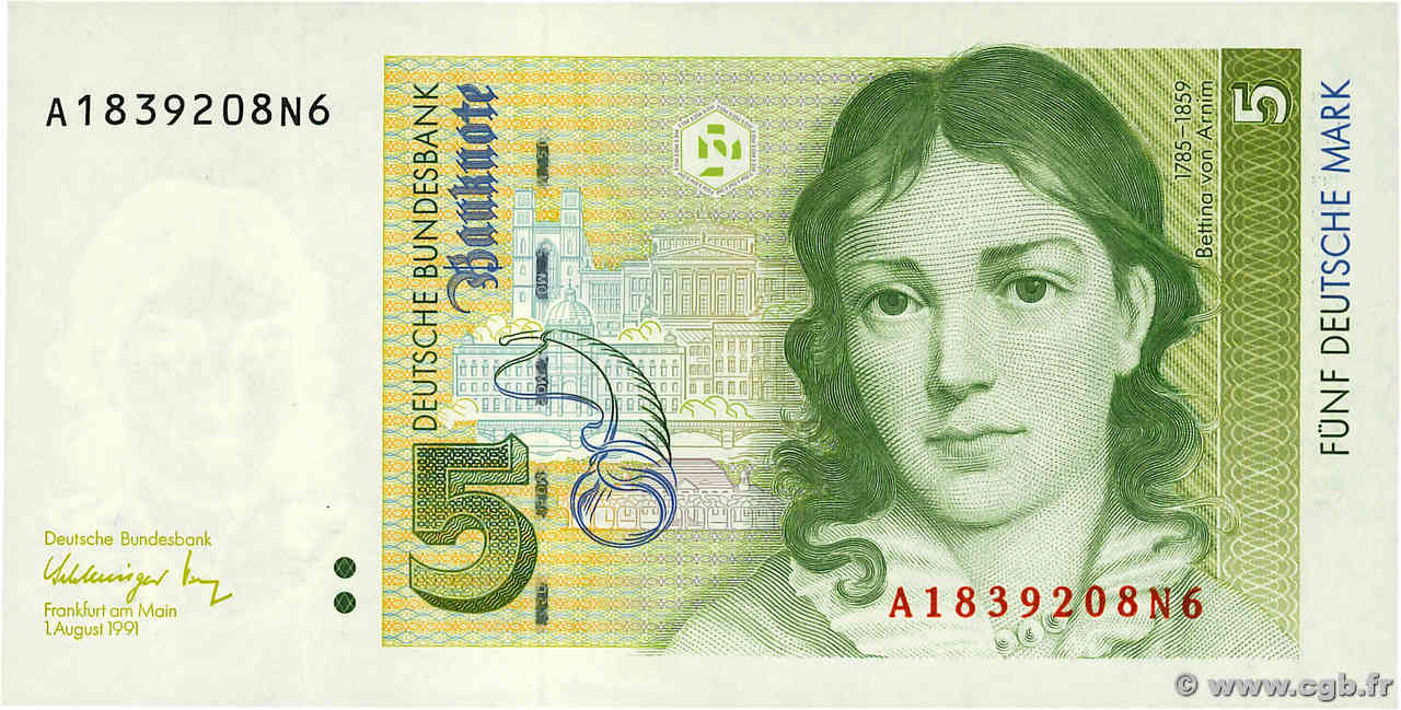 5 Deutsche Mark GERMAN FEDERAL REPUBLIC  1991 P.37 fST+