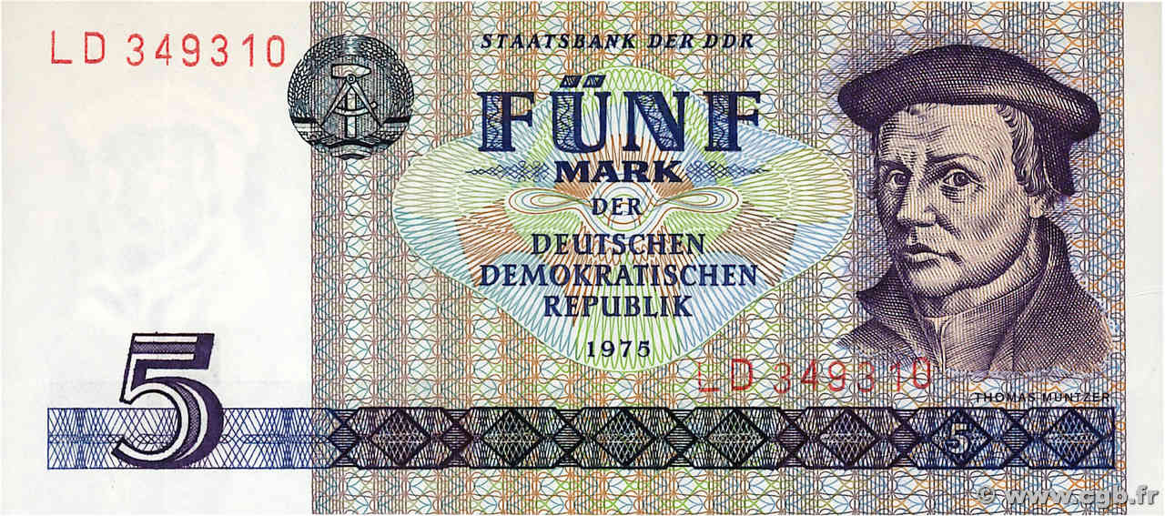 5 Mark ALLEMAGNE RÉPUBLIQUE DÉMOCRATIQUE  1975 P.27b NEUF