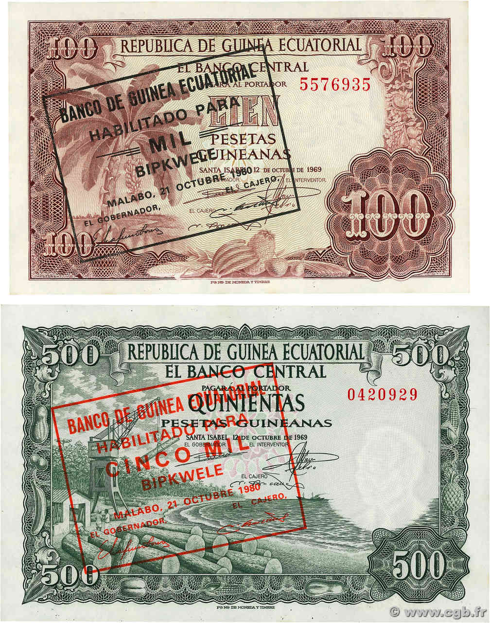 100 et 500 Bipkwele Lot ÄQUATORIALGUINEA  1980 P.18 et 19 ST