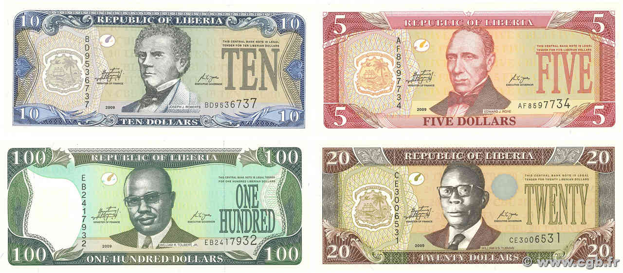 5 au 100 Dollars Lot LIBERIA  2009 P.26 au P.30 ST