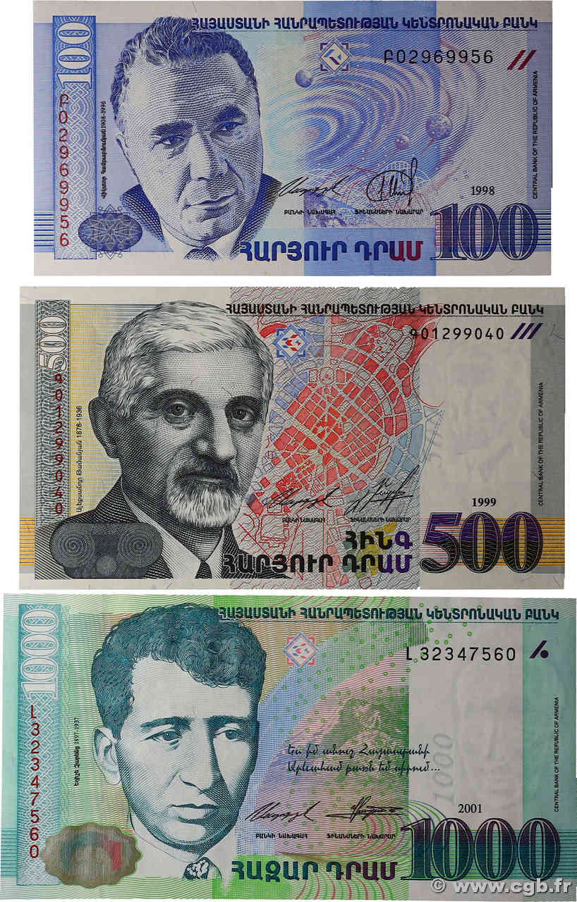 100, 500 et 1000 Dram Lot ARMENIA  1998 P.42, P.44 et P.50a q.FDC