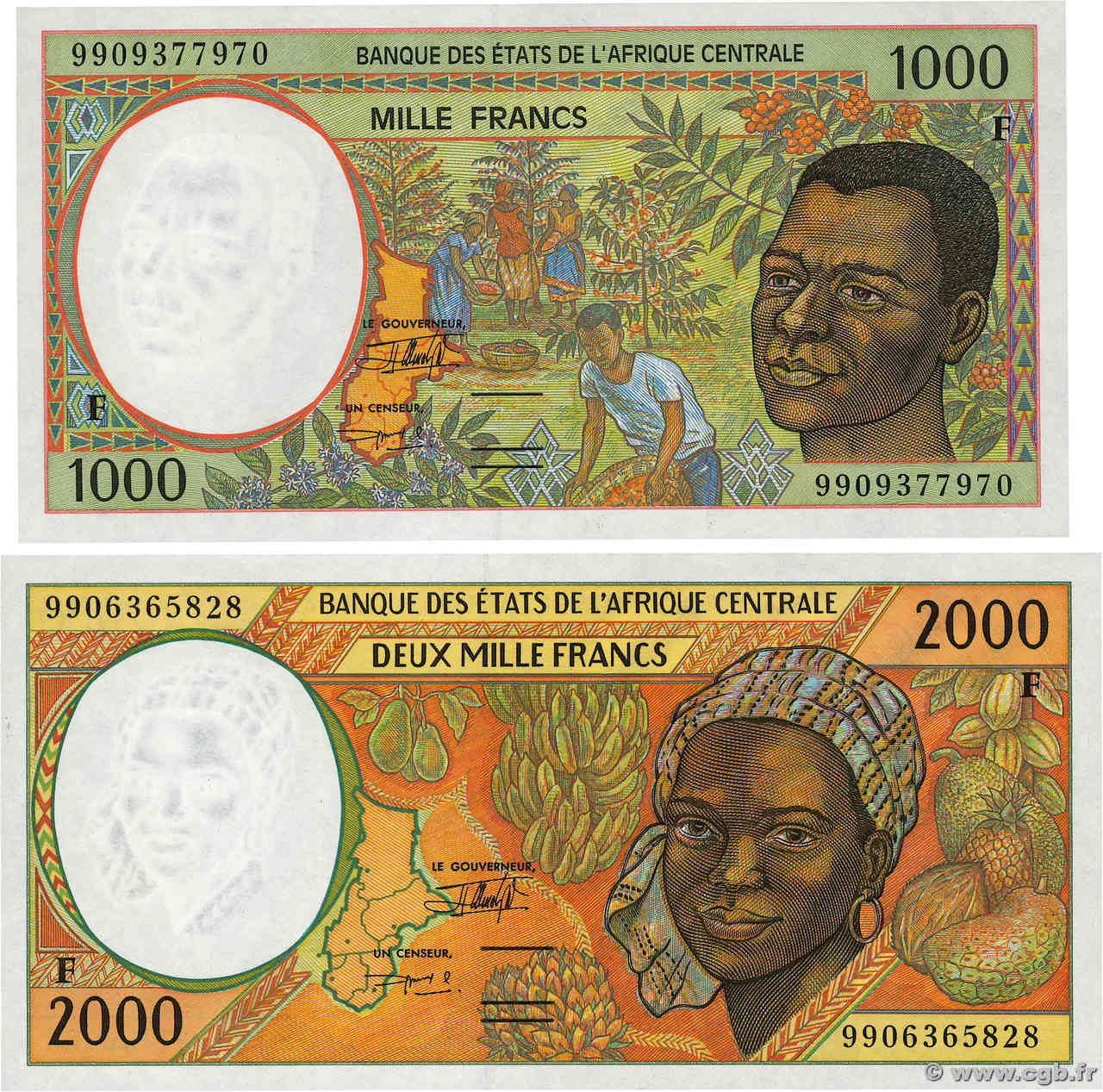 1000 et 2000 Francs Lot STATI DI L  AFRICA CENTRALE  1999 P.302Ff et P.303Ff AU+