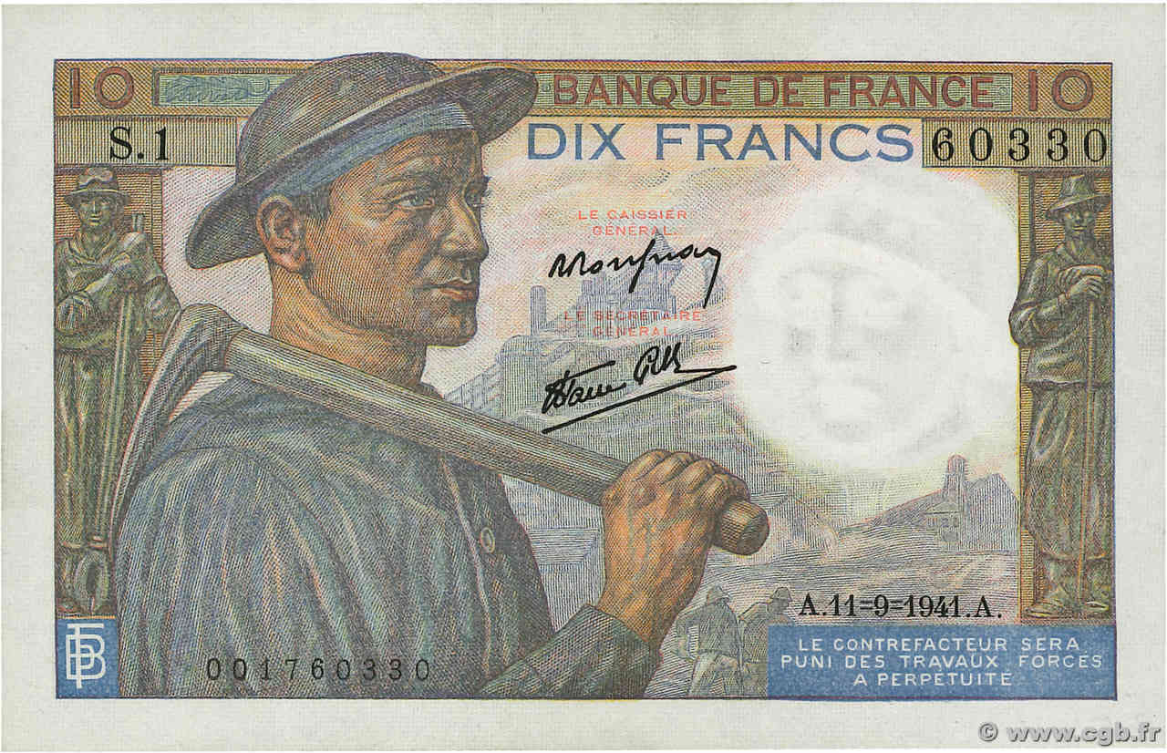 10 Francs MINEUR FRANKREICH  1941 F.08.01 fVZ