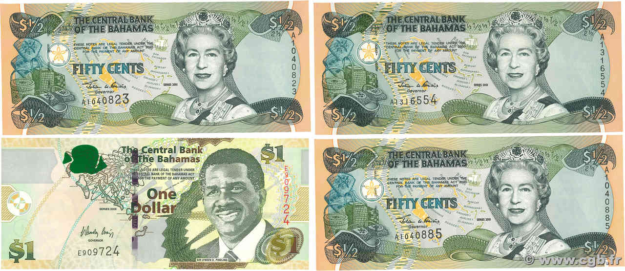 1/2 et 1 Dollar Lot BAHAMAS  2001 P.68 et P.71 fST+