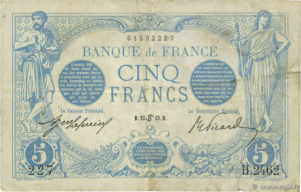 5 Francs BLEU FRANKREICH  1913 F.02.18 S