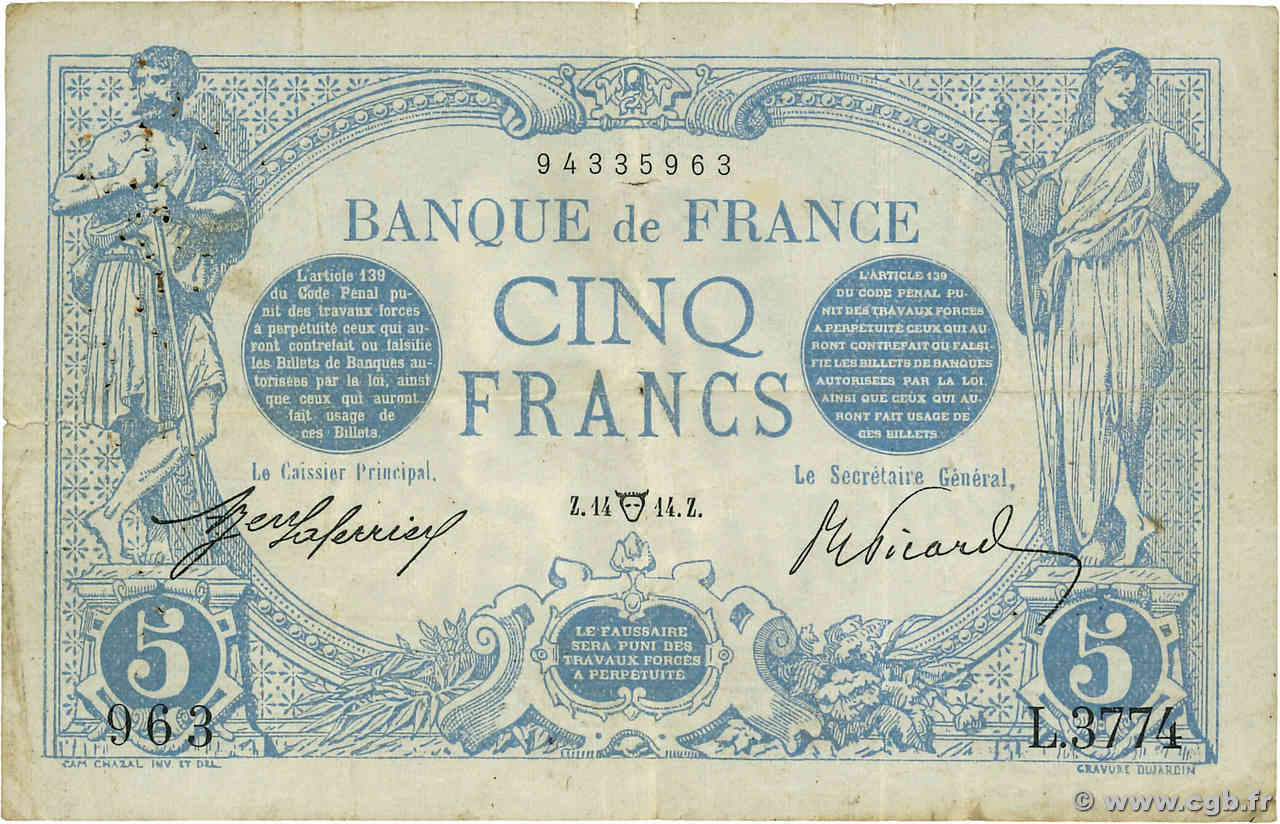 5 Francs BLEU FRANKREICH  1914 F.02.22 S