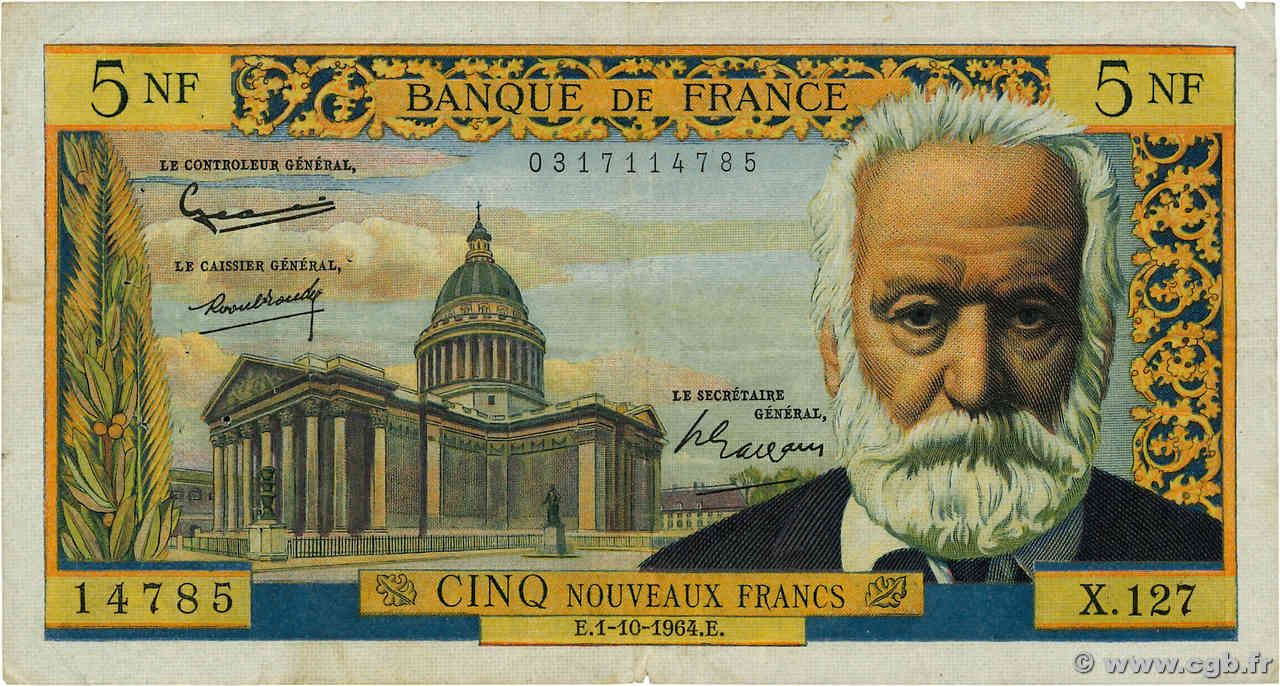 5 Nouveaux Francs VICTOR HUGO FRANCIA  1964 F.56.16 BC