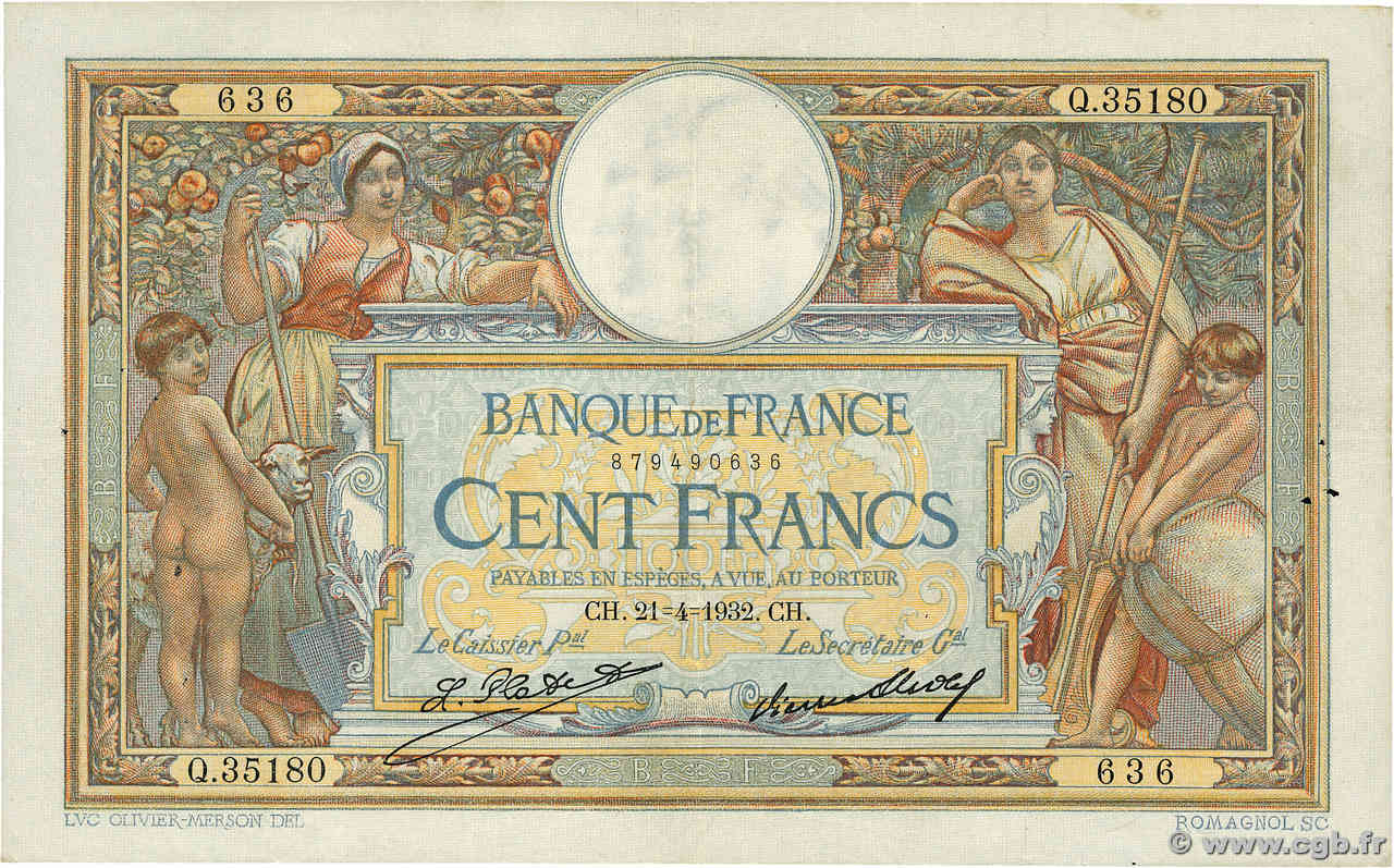 100 Francs LUC OLIVIER MERSON grands cartouches FRANKREICH  1932 F.24.11 fSS