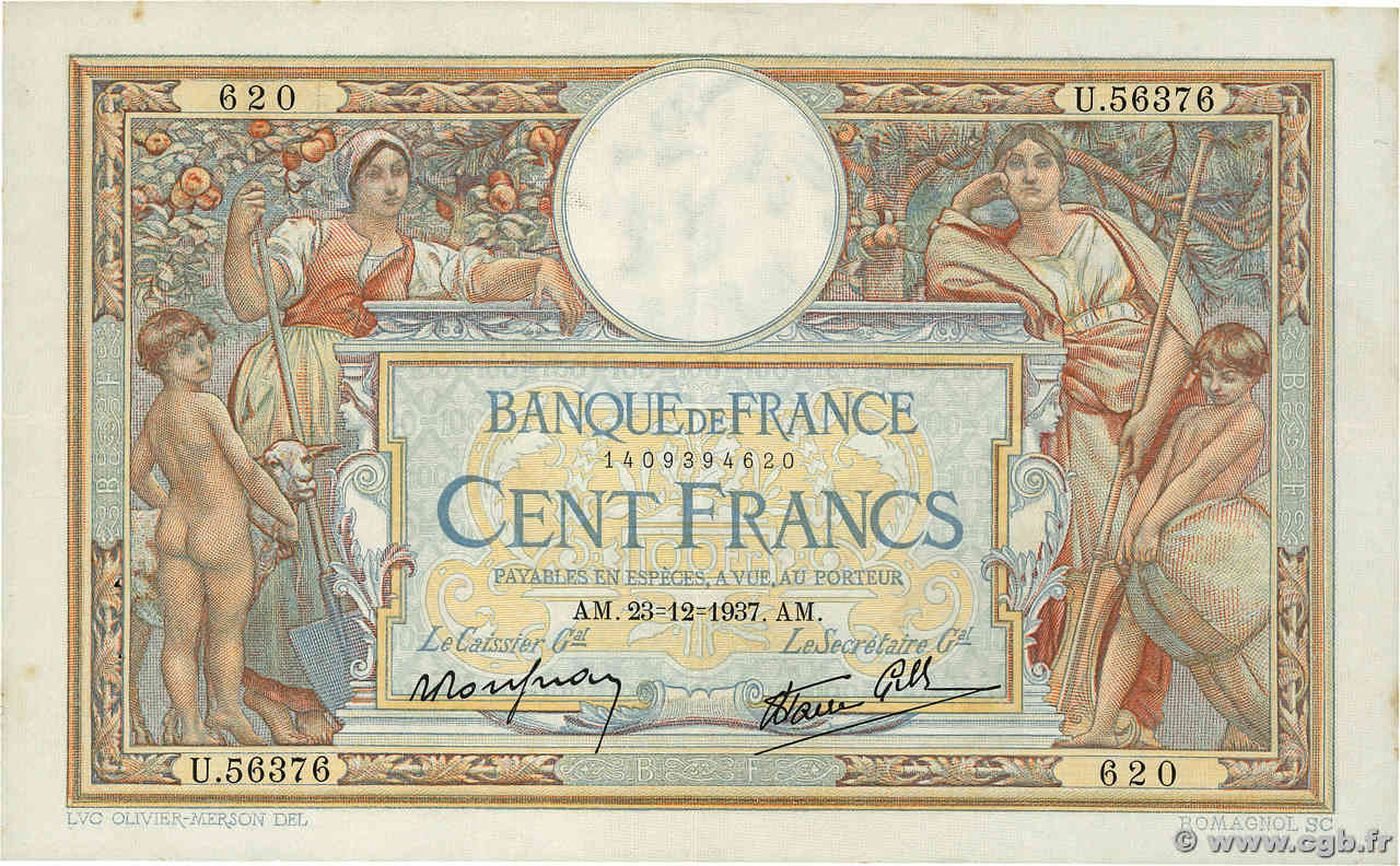 100 Francs LUC OLIVIER MERSON type modifié FRANCE  1937 F.25.06 VF