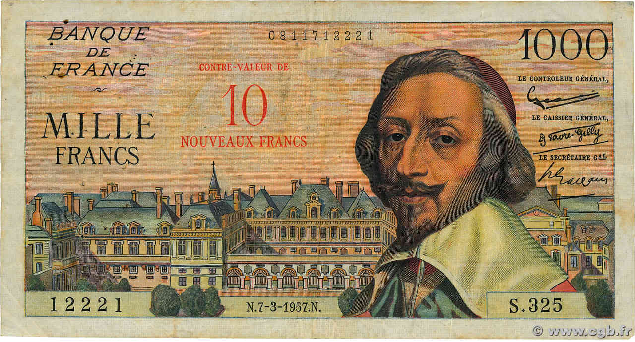 10 NF sur 1000 Francs RICHELIEU Numéro radar FRANCE  1957 F.53.01 TB