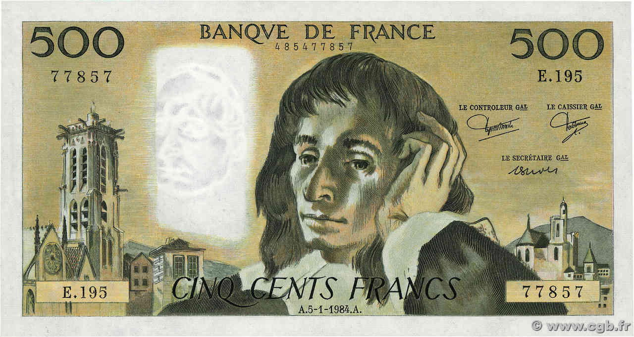500 Francs PASCAL FRANCE  1984 F.71.30 UNC-