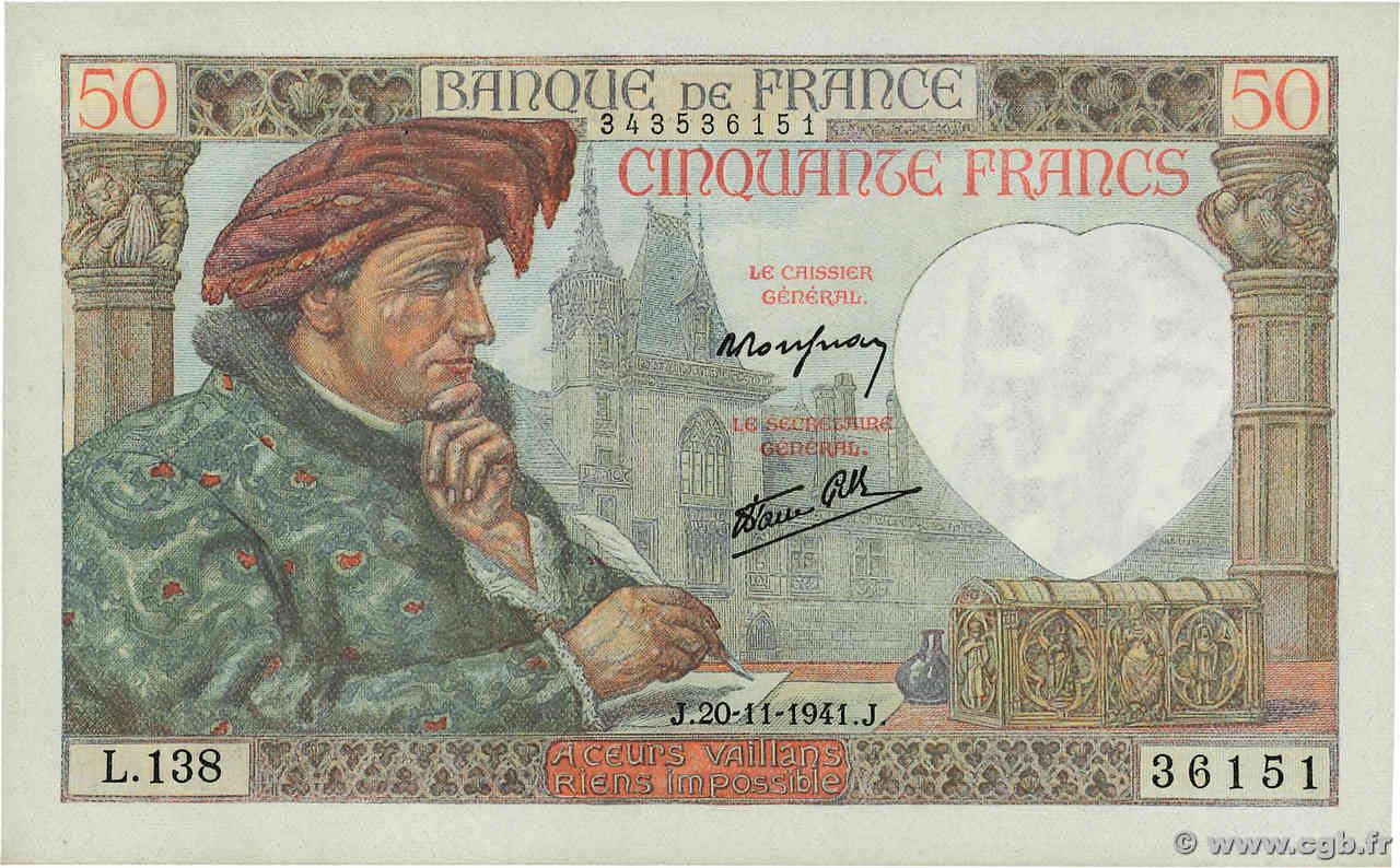 50 Francs JACQUES CŒUR FRANCIA  1941 F.19.16 FDC