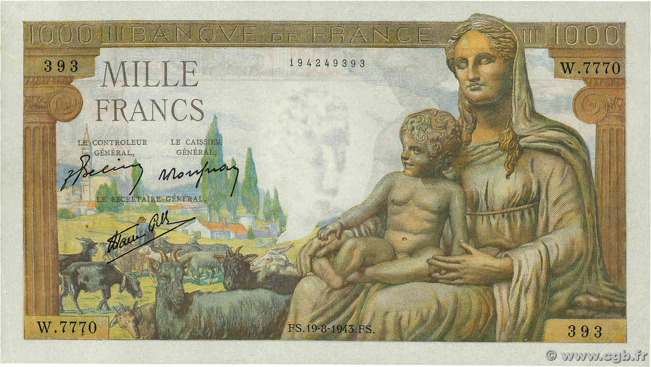 1000 Francs DÉESSE DÉMÉTER FRANCE  1943 F.40.33 VF+