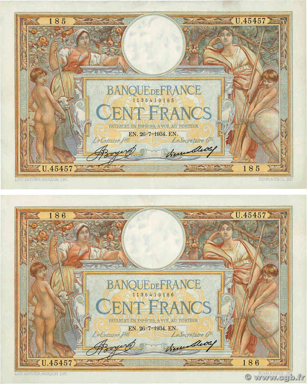 100 Francs LUC OLIVIER MERSON grands cartouches Consécutifs FRANCIA  1934 F.24.13 MBC+