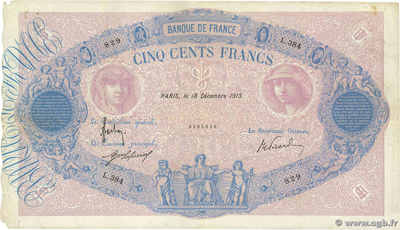 500 Francs BLEU ET ROSE FRANCE  1913 F.30.21 VF-