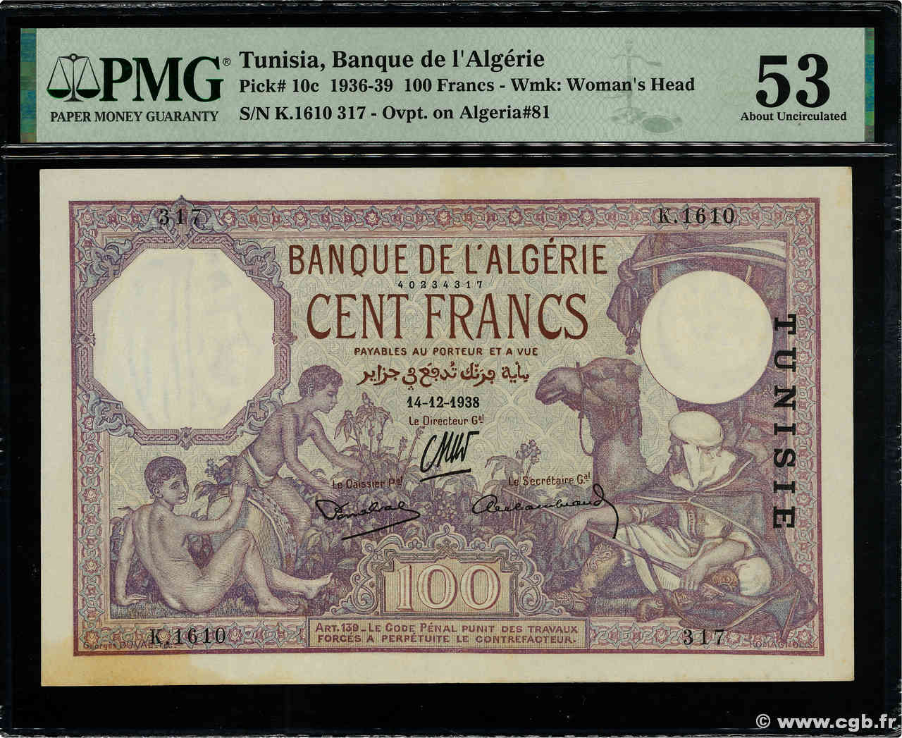 100 Francs TUNISIA  1938 P.10c XF+