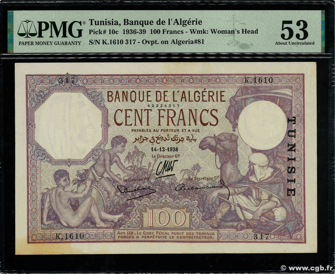 100 Francs TUNISIE  1938 P.10c SUP+