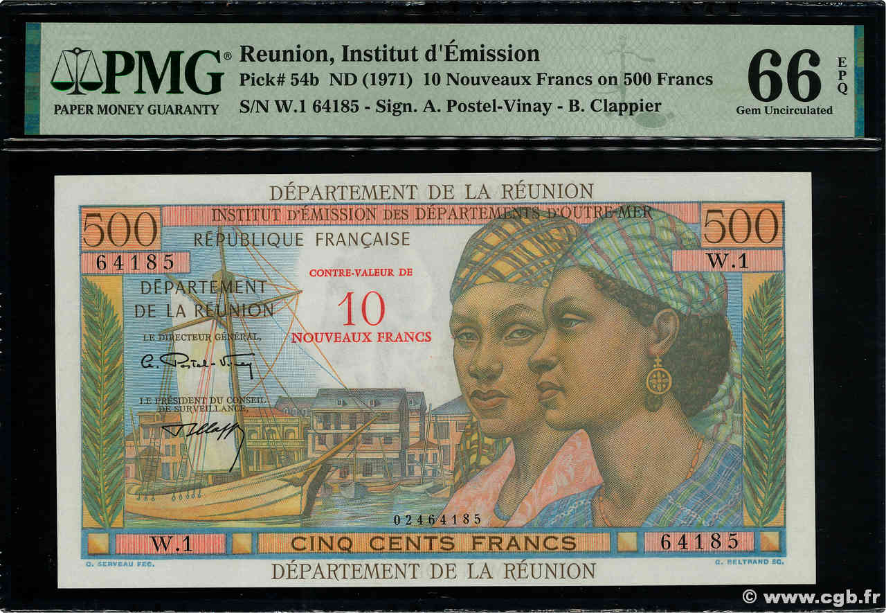 10 NF sur 500 Francs Pointe à Pitre REUNION ISLAND  1971 P.54b UNC