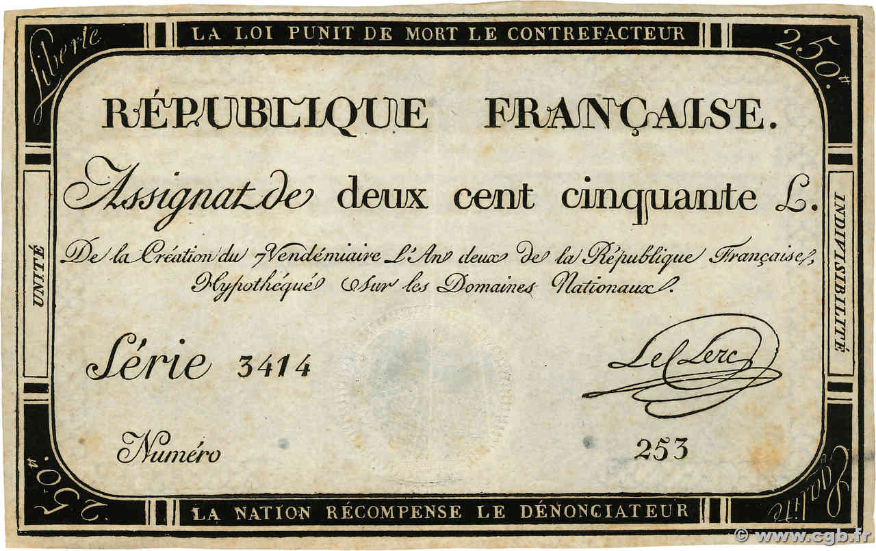 250 Livres FRANKREICH  1793 Ass.45a fVZ